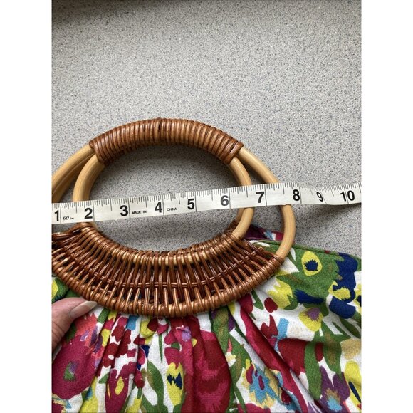 Large Antique Wicker & Canvas Handbag Colorful Floral Boho Beach Vacation - Picture 10 of 13